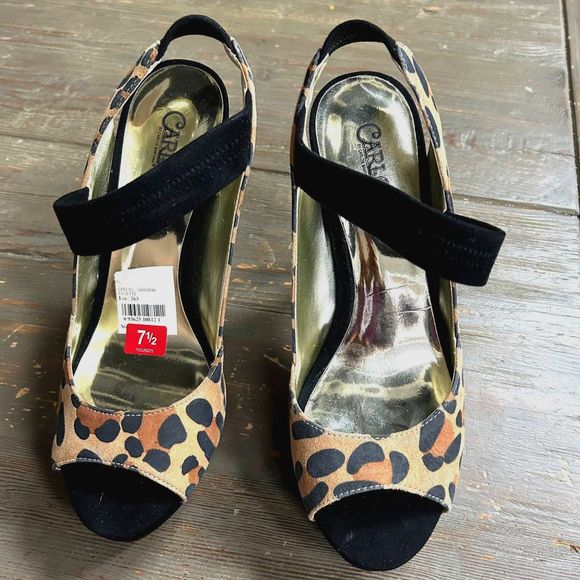 Carlos Santana Women's Suede Leopard Print Peep Toe Platform Stiletto Pumps NIB - Picture 13 of 16